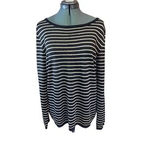 CHICO'S 3 /XL 16 Sweater Top Metallic Gold Striped Sheer Shimmery Scoop Neck